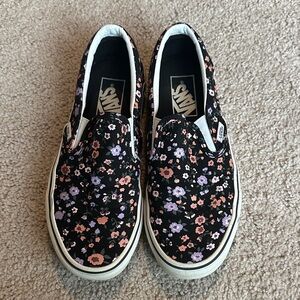 Vans Black and Pink Floral Slip-Ons